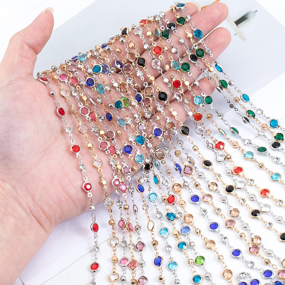 1meter Colorful Crystal Beads Beaded Chain Glass Bead Copper Necklace Chain Accessories for DIY Costumes Jewelry Making Material