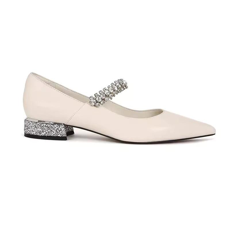 

Rhine-drill Chain Pointy Sheepskin Толстый каблук Marigen Single Туфли женские Commuter French Gentle Low Heel 35 белый