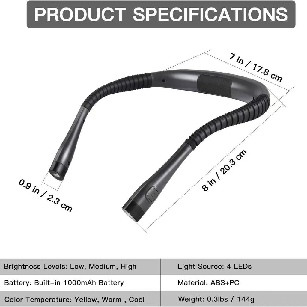 Neck Book Light for Reading Bed Bendable Long Lasting Portable USB Rechargeable Novelty Flexible Lighting