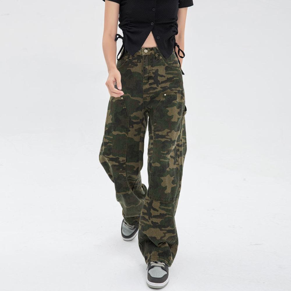 Camouflage Straight Jeans Women's Summer Retro Hiphop Sweet and Spicy Street Tooling Wide-leg Mopping Trousers Tide