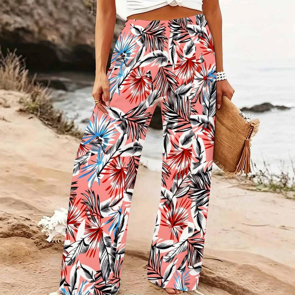 Damen Sommer Strand Weite Hosen Blumenmuster Elastisch Hoher Bund Lockerer Schnitt Lässig Urlaub Palazzo Hosen