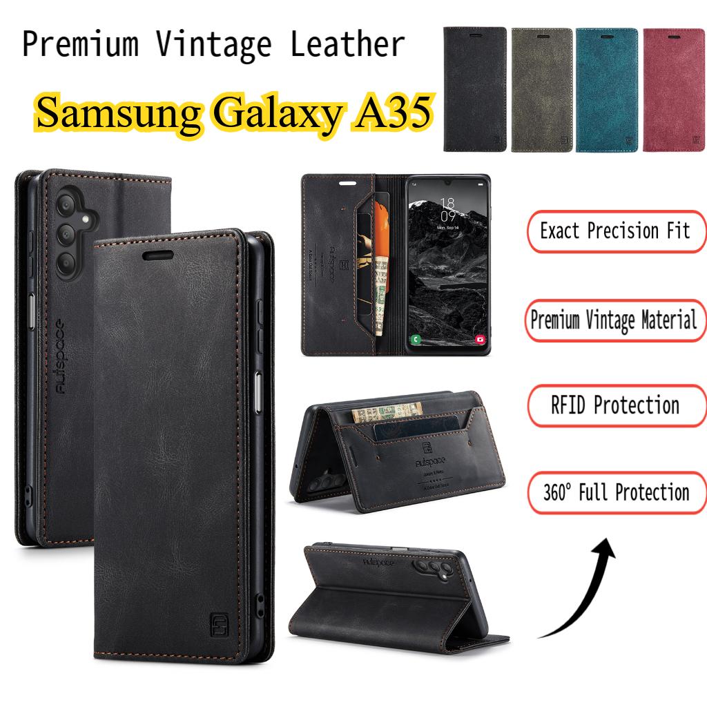 Premium Vintage Leather Wallet Case for Samsung Galaxy A35 - RFID Protection Flip Cover with Card Slots, Shockproof Retro Style (4 Colors)