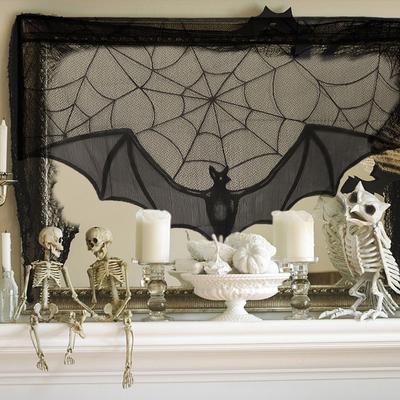 Black Halloween Bat Door Curtain Lightweight Spider Web Pattern Halloween Lace Curtain Reusable Gothic Bat Tablecloth Home Decor