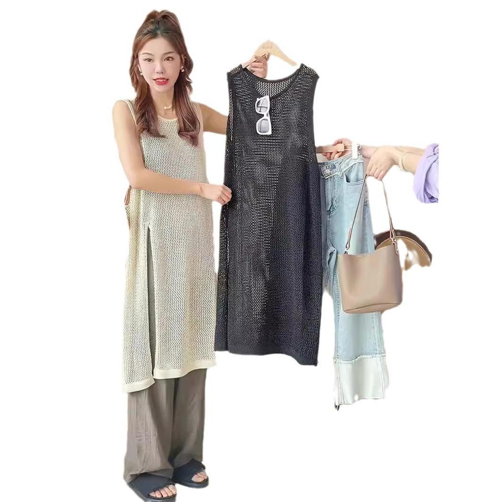 Women's Summer Knit Knee-Length Dress with Hollow Design & Long Slit