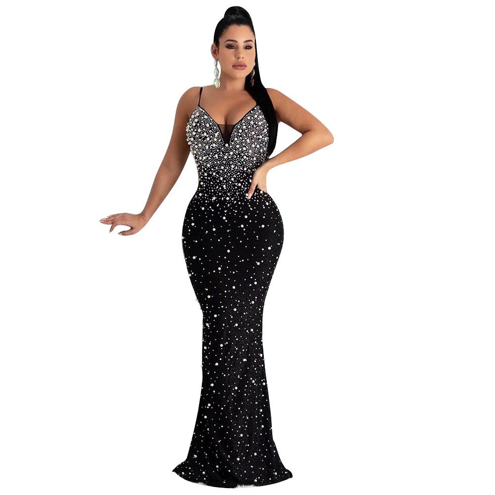 OS6561 European & American Women s Fashion Sexy Nightclub Diamond Beaded Suspender Dress S чёрный