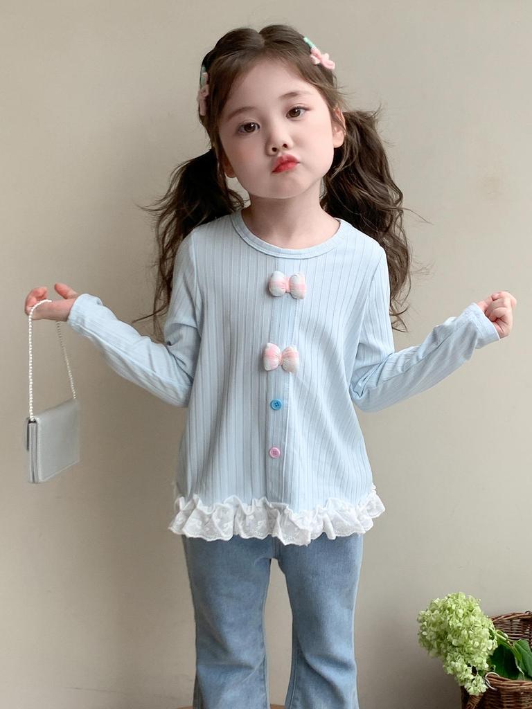 Girls' Autumn 2025 Lace Trim Long Sleeve T-Shirt with Bow