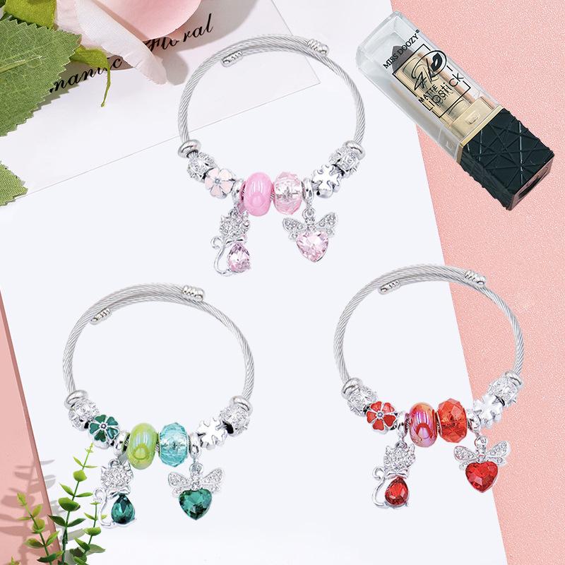 Elegant Ladies Love Bow Crystal Bead Bracelet with Diamond Fox Pendant Stainless Steel Bangle