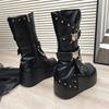Petit Heightened Wedge Heel Boots Autumn New Round Toe Studded Metal Buckle Side Zipper Platform Non-Slip Mid-Tube Boots