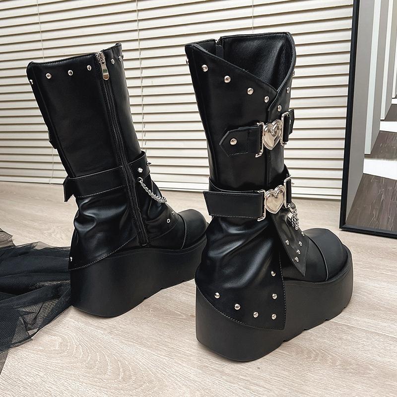 Petit Heightened Wedge Heel Boots Autumn New Round Toe Studded Metal Buckle Side Zipper Platform Non-Slip Mid-Tube Boots