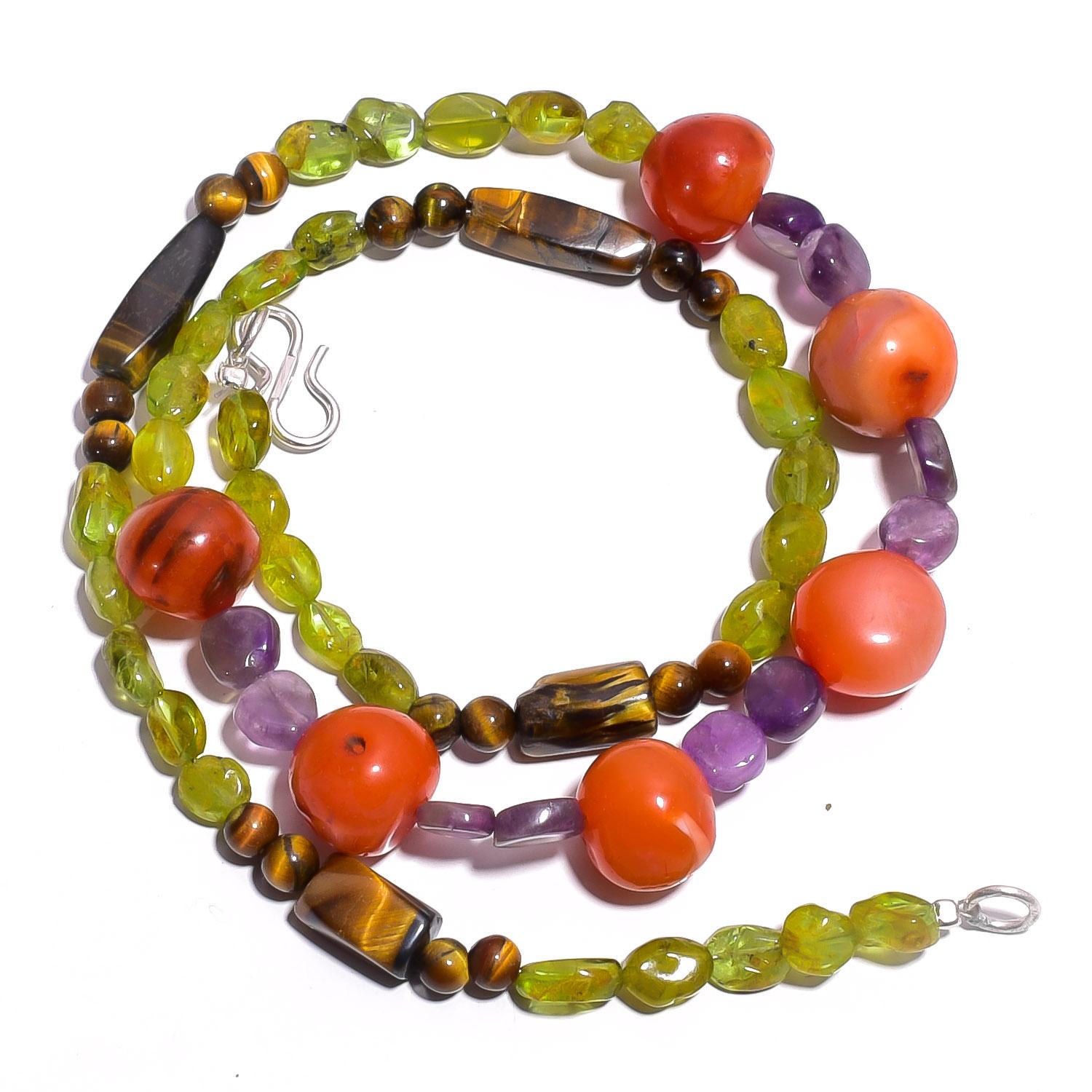 

Carnelian Tiger Eye Peridot Gemstone Mix Shape Smooth Beads Necklace 17 UB-4200 UB-4200