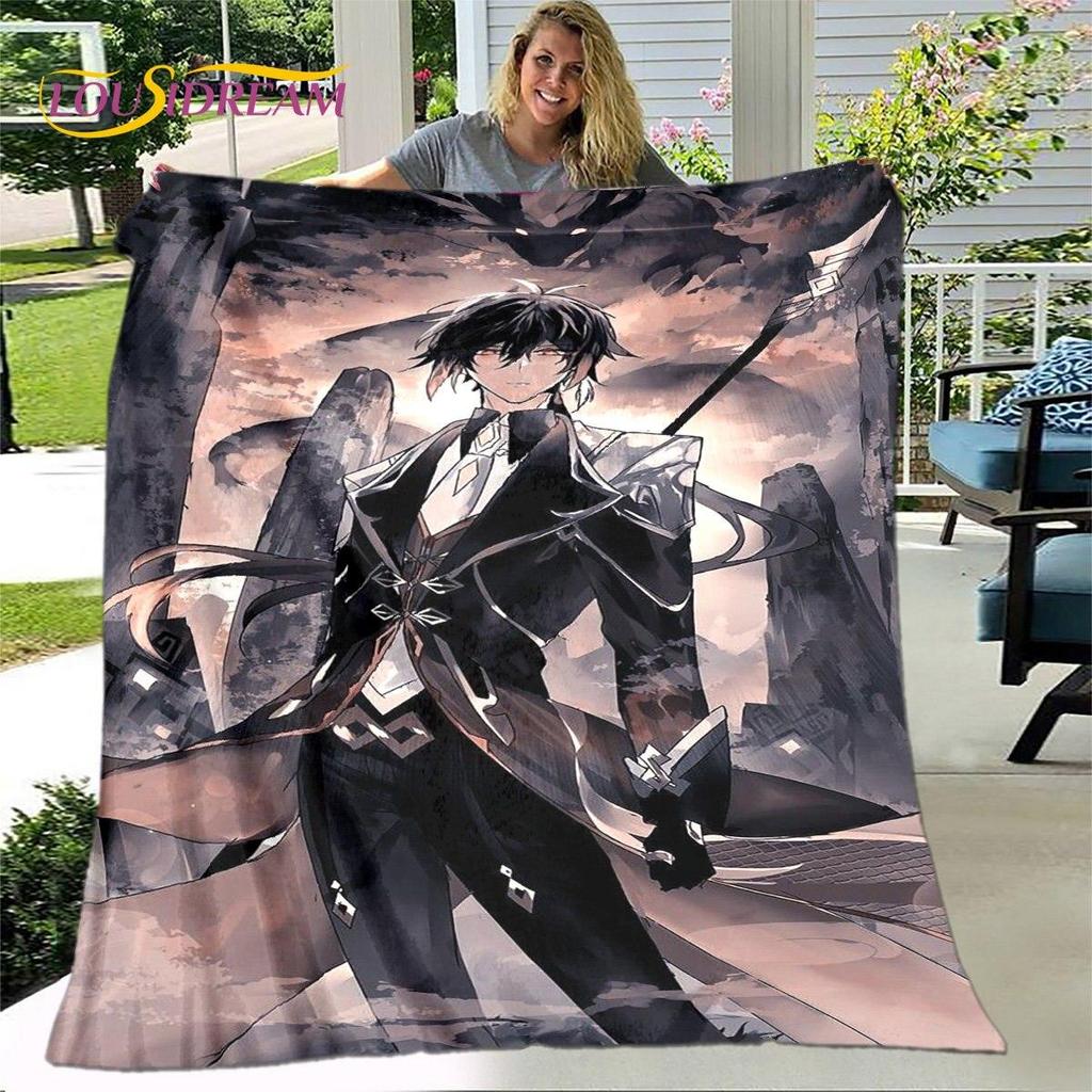 Gra animowana 3D Genshin Impact koc, koc flanelowy rzut koc, miękki ciepły koc do salonu łóżka do sypialni Sofa prezent