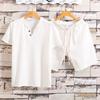 2 Pcs/Set Men T-shirt Shorts Set Solid Color Elastic Waist Loose V Neck Drawstring Homewear Deep Crotch Plus Size Casual Summer