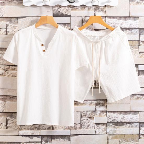 2 Pcs/Set Men T-shirt Shorts Set Solid Color Elastic Waist Loose V Neck Drawstring Homewear Deep Crotch Plus Size Casual Summer