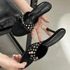 Fashion Fashion Metal Rivet Design Brand Slippers Women Comfort Round Toe Thin Heel Slide Sandals Summer Sexy Clip Toe Beach Flip-flops