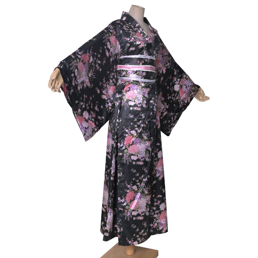 Long Kimono Japanese Style Floral Satin Yukata with Perfect for Fireworks Everyday Summer Kimono Women's Dress, Obi, Festivals, Wear, (KL02-Black)