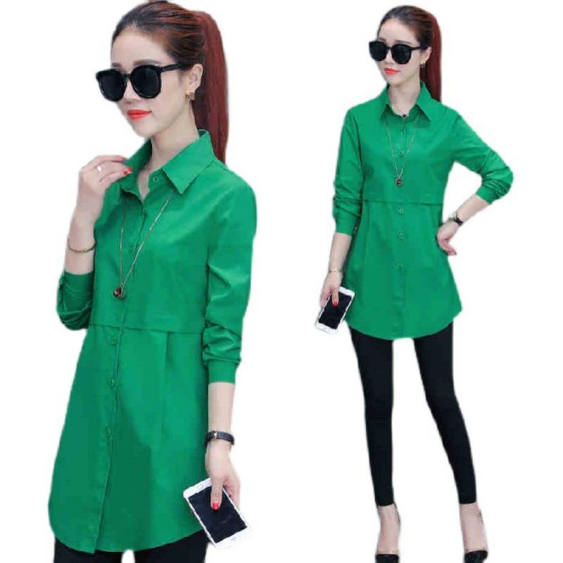 

Женская рубашка в студенческом стиле с длинным рукавом и лацканами, однотонная, на осень и зиму 2XL зелёный
