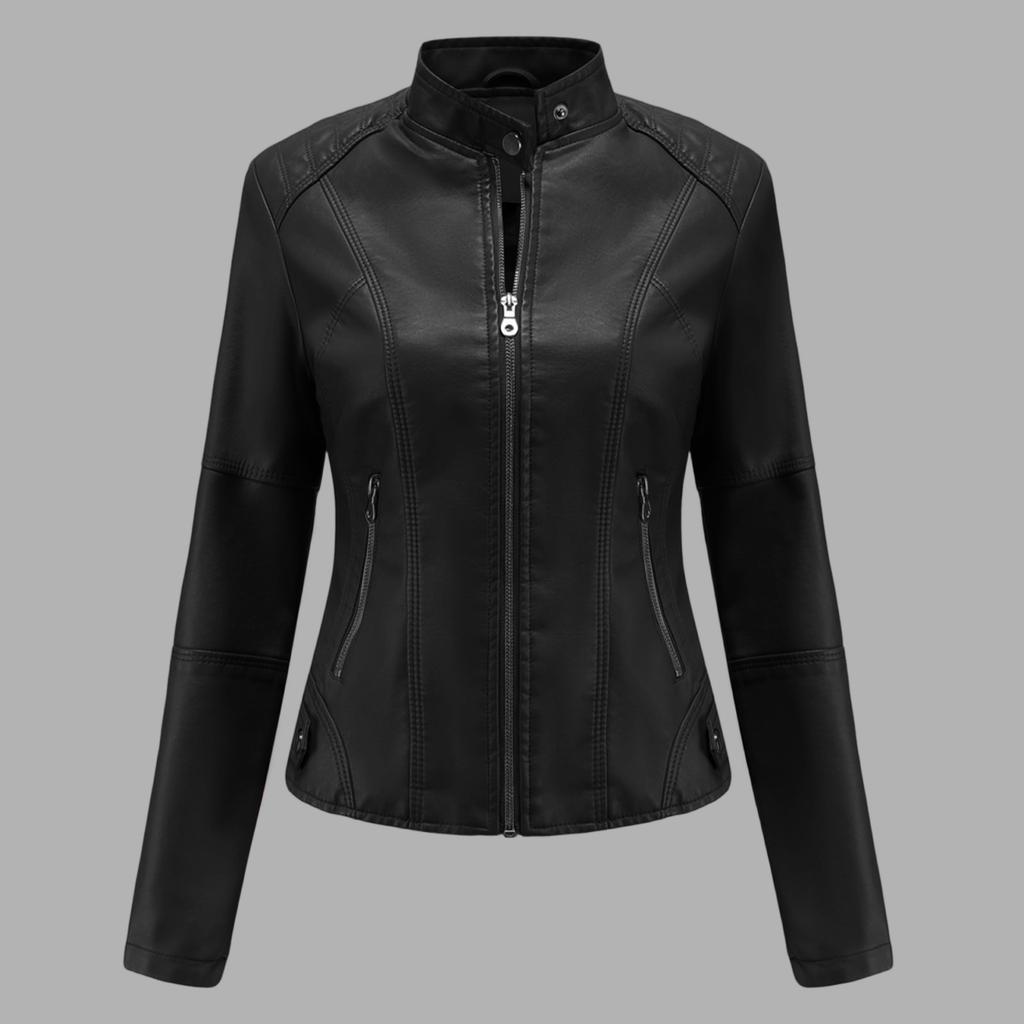 Women's Casual Fashion Slim Fit Thin Motorcycle Large Size Stand Collar Leather Jacket