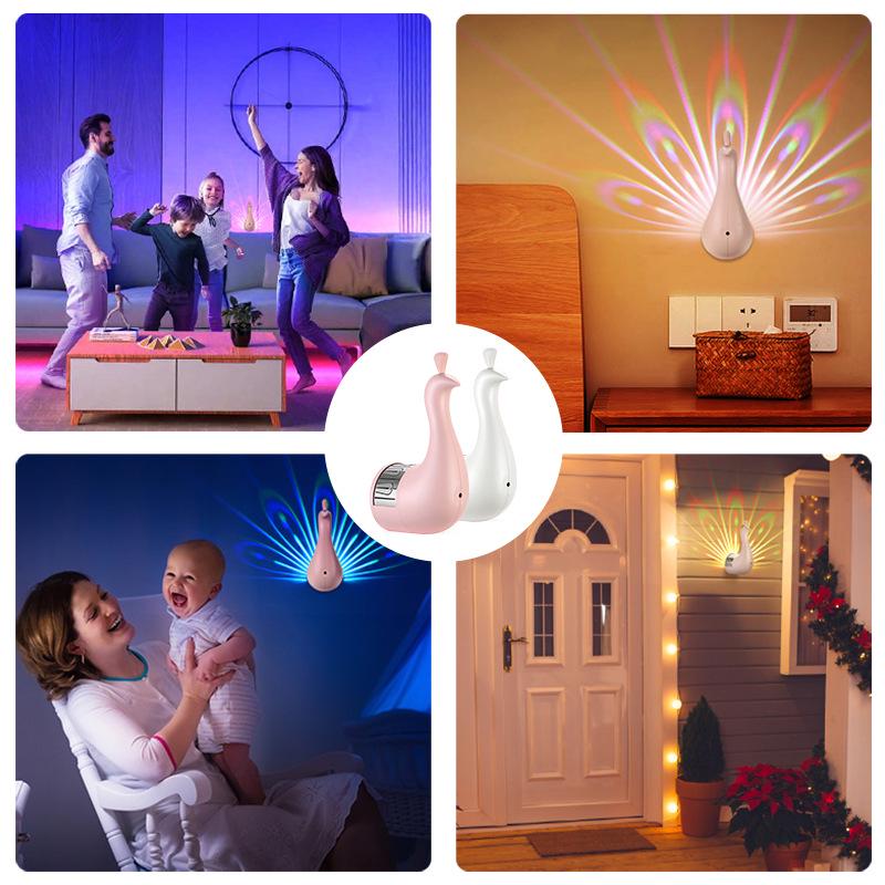 Peacock Projector Night Light: Remote-Controlled, Wall Hanging, Colorful Atmosphere for Bedside or Birthday Gift.