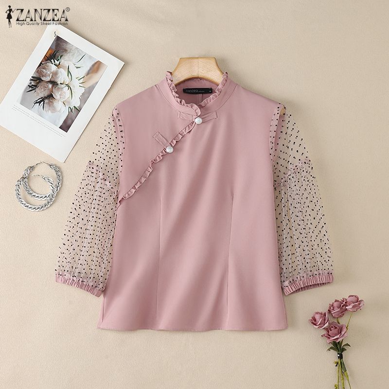 ZANZEA Damen durchsichtiges Netz-Patchwork 3/4-Ärmel Freizeitbluse