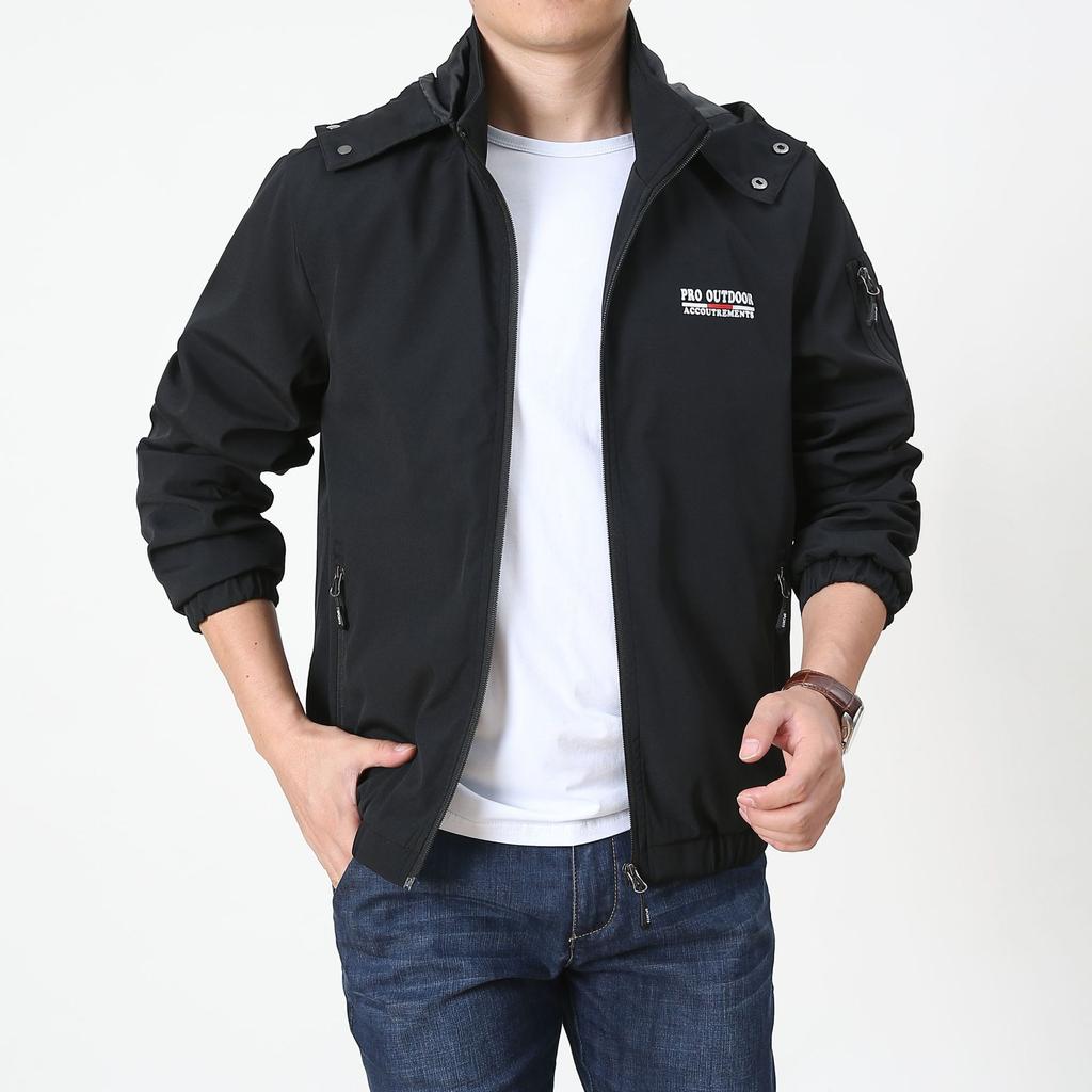 Four Seasons Men's Middle-aged and Young Outdoor Sports Jacket Hooded Windproof Loose Japanese and Korean Casual Multi-Bag Jacket