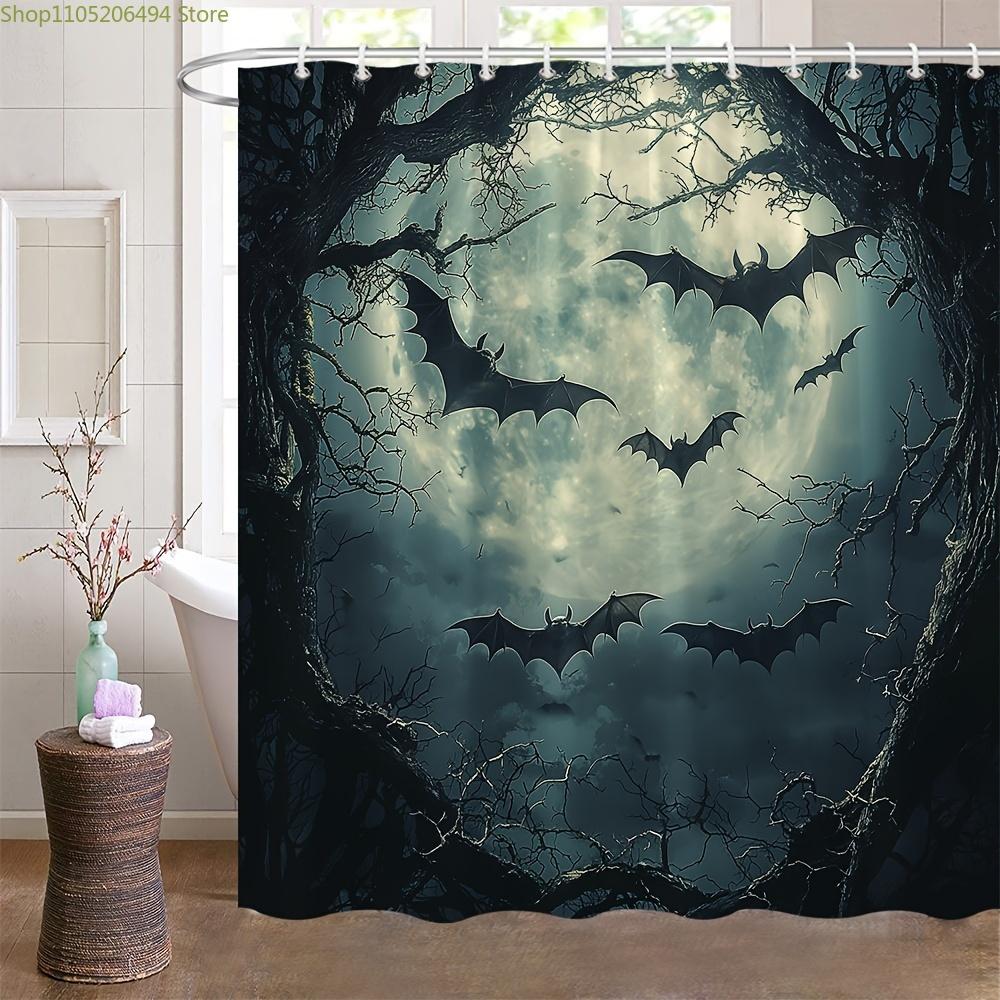 Halloween Bat Phase and Bare Trees Shower Curtain, Washable Polyester with Hooks, Black Mysterious Animal Theme Bathroom Decor