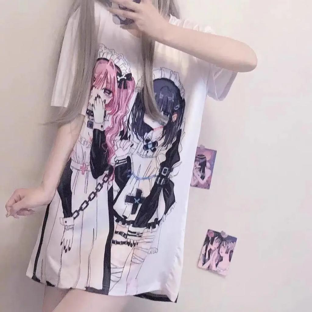 TrendHub Y2k Aesthetic Cute Cartoon Print Round Neck Short-sleeved T-shirt Women Casual Loose Top Japanese Kawaii Tees
