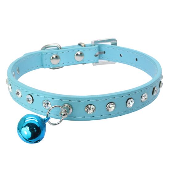 Adjustable Pet Dog Crystal Rhinestone Bell Collar Soft Faux Leather Neck Strap