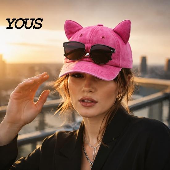 Teenager Adult Adjustable Hat Cat Ear Trucker Hat, Baseball Cap with Detachable Sunglasses, Polyester Sports Pilot Style for Outdoor Travel