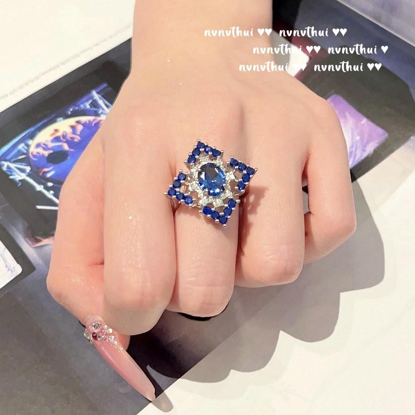 Madagascar Sapphire Ring, Rich Woman'S Happiness, Plated With 18K Gold, Water Blue Rectangular Zircon Ring.