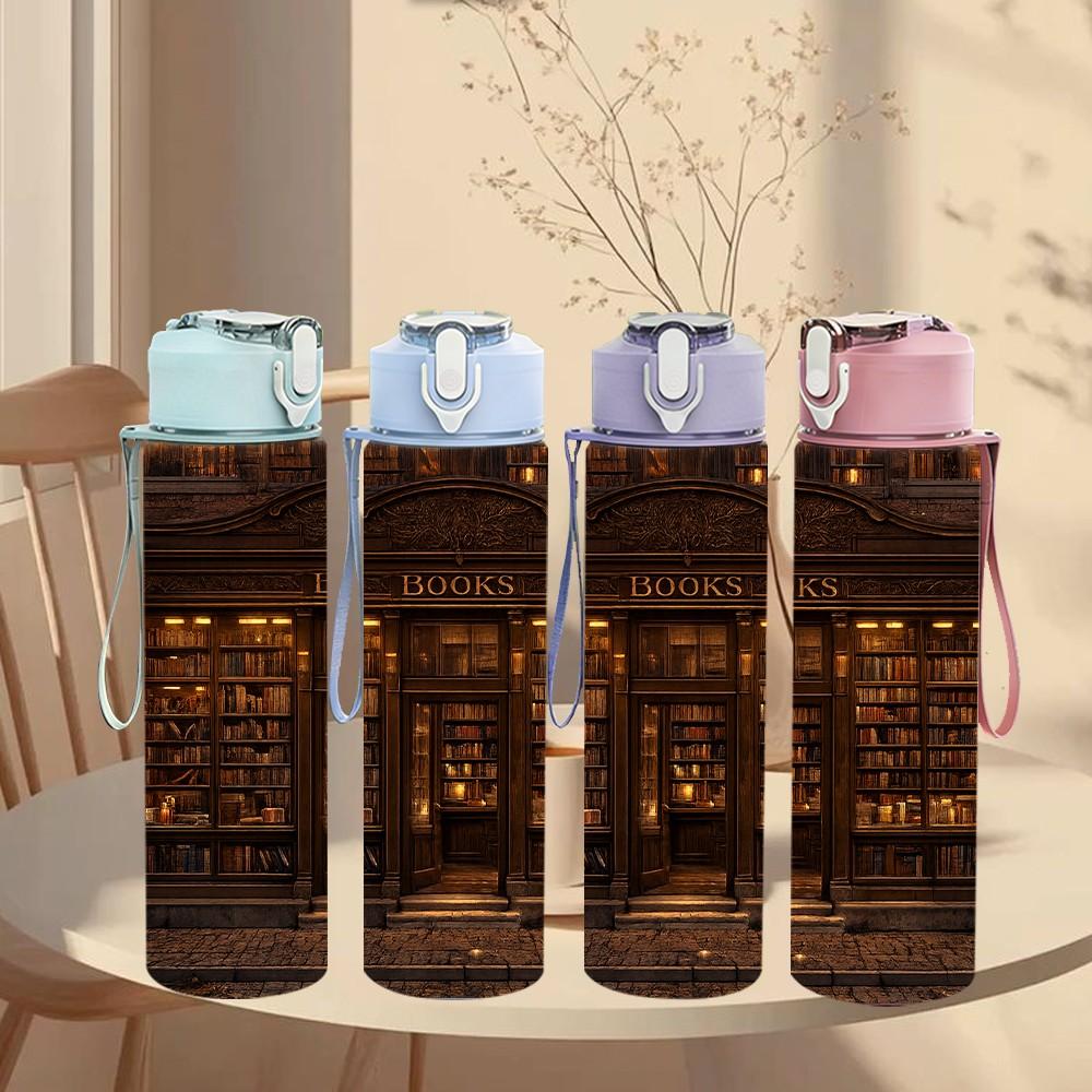 1PC Old Dark Library Bookshelf Print 750ml Color Plastic Sports Water Bottle Leakproof Flip Straw Lid Suitable for Sports Office Home Use