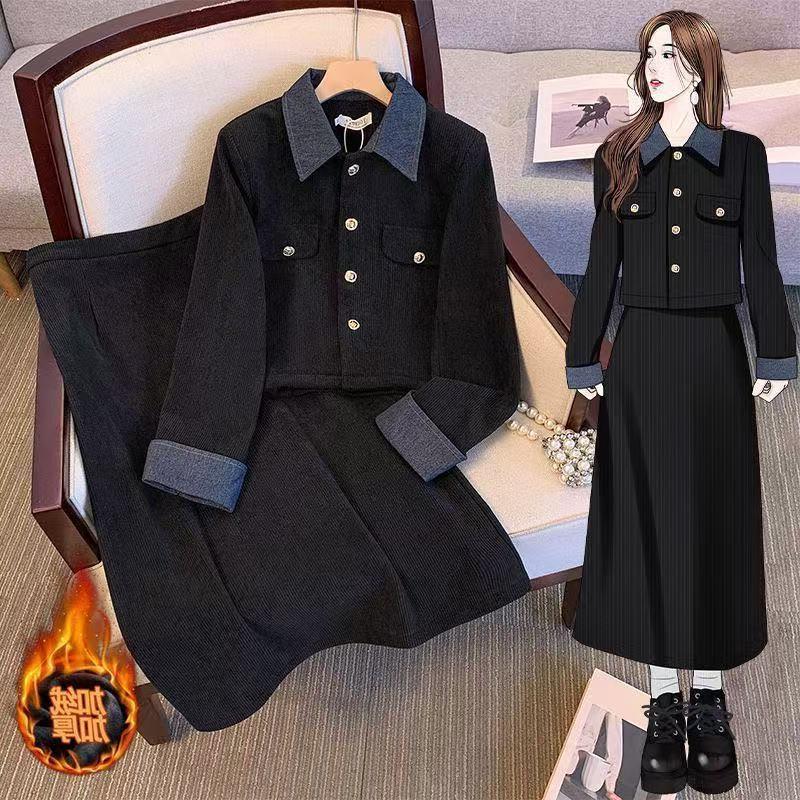 

Plus Size Lapel Jacket & Skirt Set - Women s Autumn/Winter MM Slimming Corduroy Outfit with Velvet Skirt. M