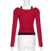 2025 Spring Autumn Vintage Short Top Sexy Color Block Fake Two-piece Long Sleeve T-shirt for Women Casual Slim Lace Splicing Red Crop Tops Female