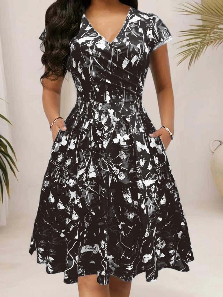 V-Neck Floral Print Midi Dress with Ruffled Waist In Multi-colors