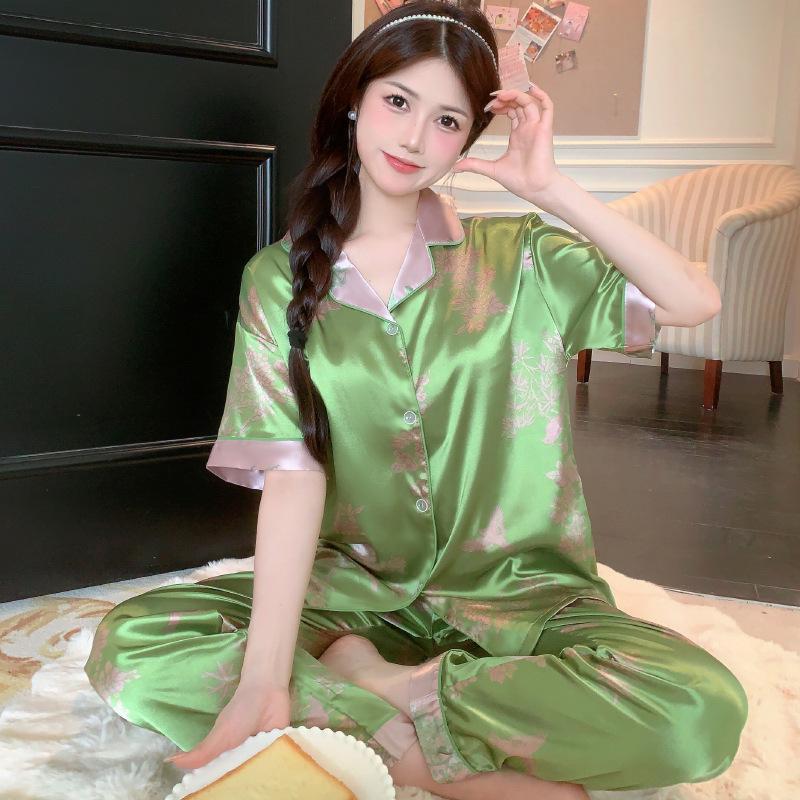 2026 Women's Ice Silk Summer Pajama Set - Short Sleeve, Three-Piece, Elegant, High-Quality, Cool, and Comfortable.