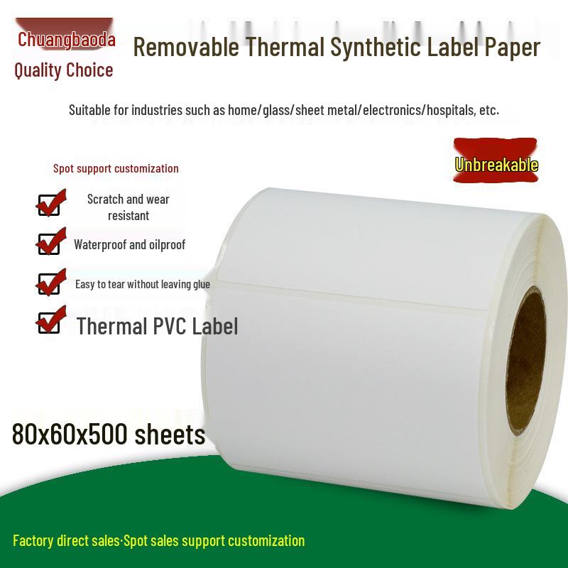 Removable Tear-Resistant Thermal Synthetic Labels - 80x60mm, 500 Sheets, Easy Peel, No Residue No