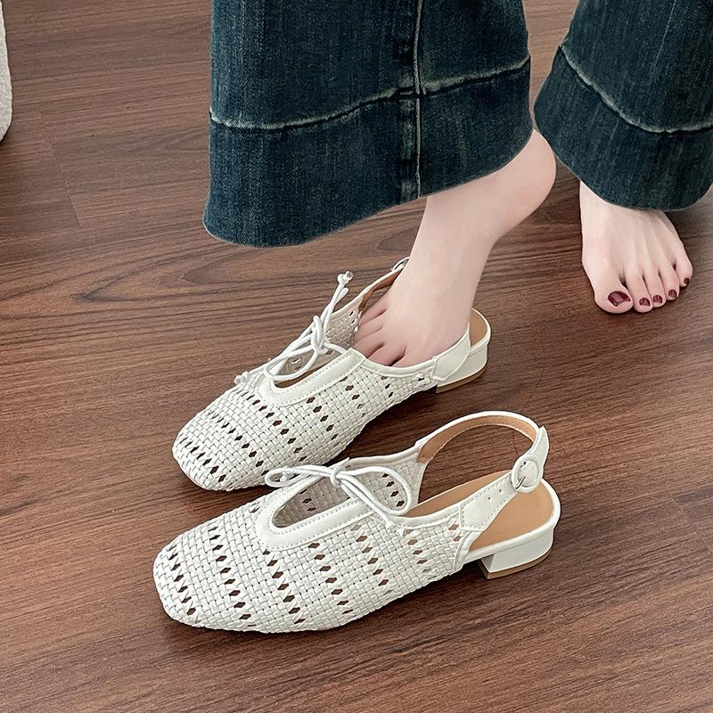 Fashion versatile hollow woven lace-up vacation empty single shoes bag head slippers fairy 2025 summer new sandals
