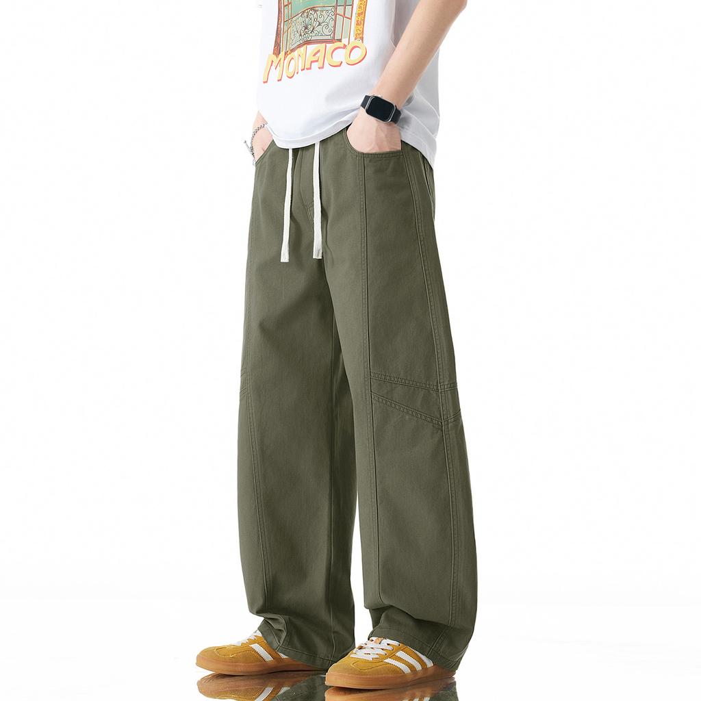 American Solid Color Simple Trendy Brand Splicing Scimitar Casual Pants Men's Trend Versatile Loose Wide-leg Pure Cotton Tooling Pants