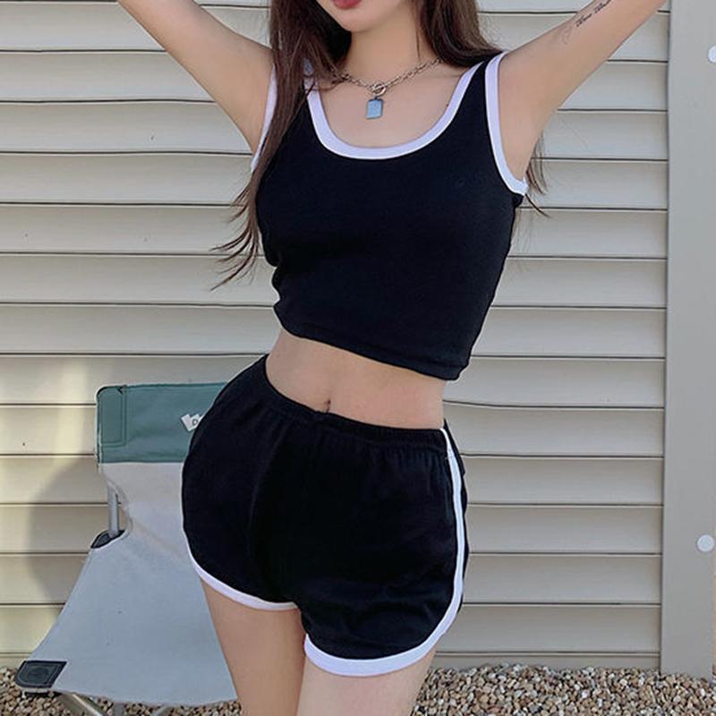 Summer Casual Natural Slim Sleeveless 2 Piece Set Women Fashion Design Solid Sling Sports Vest Vintage Chic High Waist Thin Short Pants New