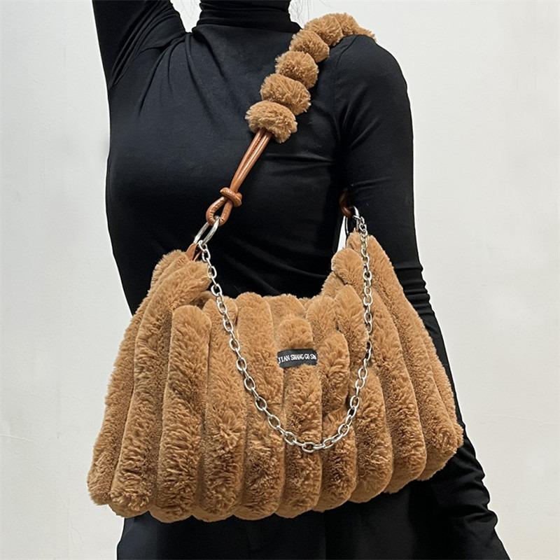Borsa Tote Grande in Peluche da Donna con Tracolla/Manico Morbida Esterno in Peluche a Strisce Borsa Accogliente per, Viaggio, Uso Quotidiano