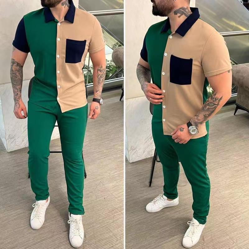 2023 Frühling & Herbst Colorblock-Sport-Set für Herren, lässiges Kurzarmhemd und Hose.