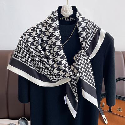 Women Houndstooth Print Scarf 90Cm Square Twill Silk Hijab Bandana Female Neckerchief Foulard Shawl Wraps Echarpe Beach Stoles