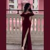 Temperament Celebrity Banquet Dress One-word Shoulder Dress Temperament Split Fork Waist Hips Fish Tail Dress