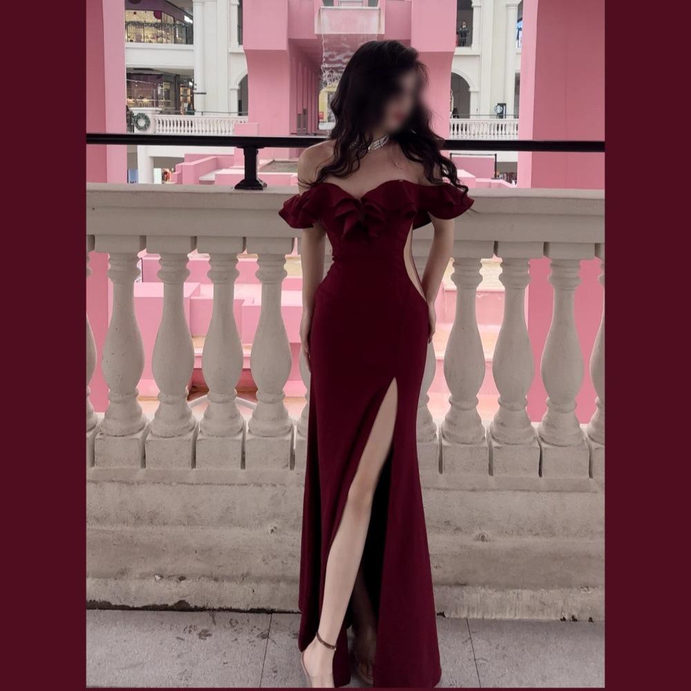 Temperament Celebrity Banquet Dress One-word Shoulder Dress Temperament Split Fork Waist Hips Fish Tail Dress