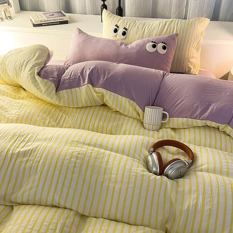 

Комплект постельного белья из стиранного хлопка Stripe Наволочка простыня Односпальный Полуторный Размер Постельное белье Комплект пододеяльника Королева/Кинг Двуспальный Односпальный 3pcs 0.9m bed