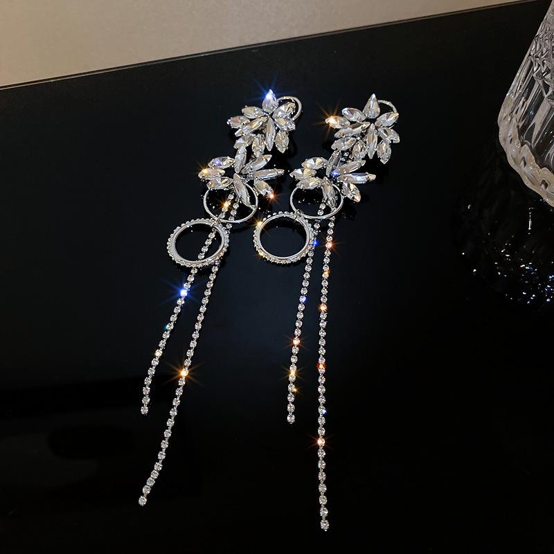 2025 Light Luxury Silver Needle Diamond Flower Tassel Earrings - Elegant European & American Style for Women