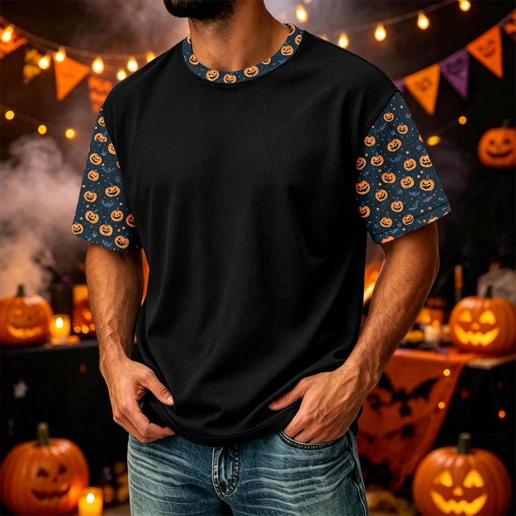 Herren Freizeit Corduroy Kurzarm T-Shirt Leicht Atmungsaktiv Rundhals Oberteil mit Halloween Print Ärmeln und Kragen Design