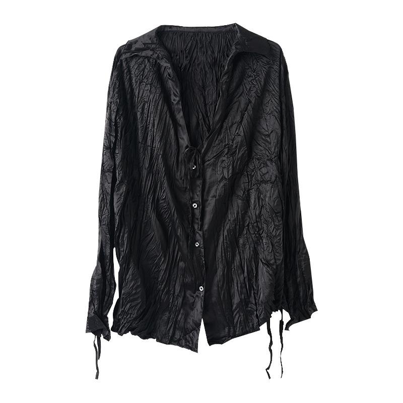 

Johnature Summer Fashion Drawstring Pleated Long-sleeved Shirt Flared Sleeve Loose Black Turn-down Collar Women Tops One Size чёрный