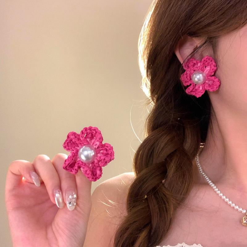 Silver needle pearl raffia flower stud earrings high sense niche versatile earrings seaside vacation style photo earrings women