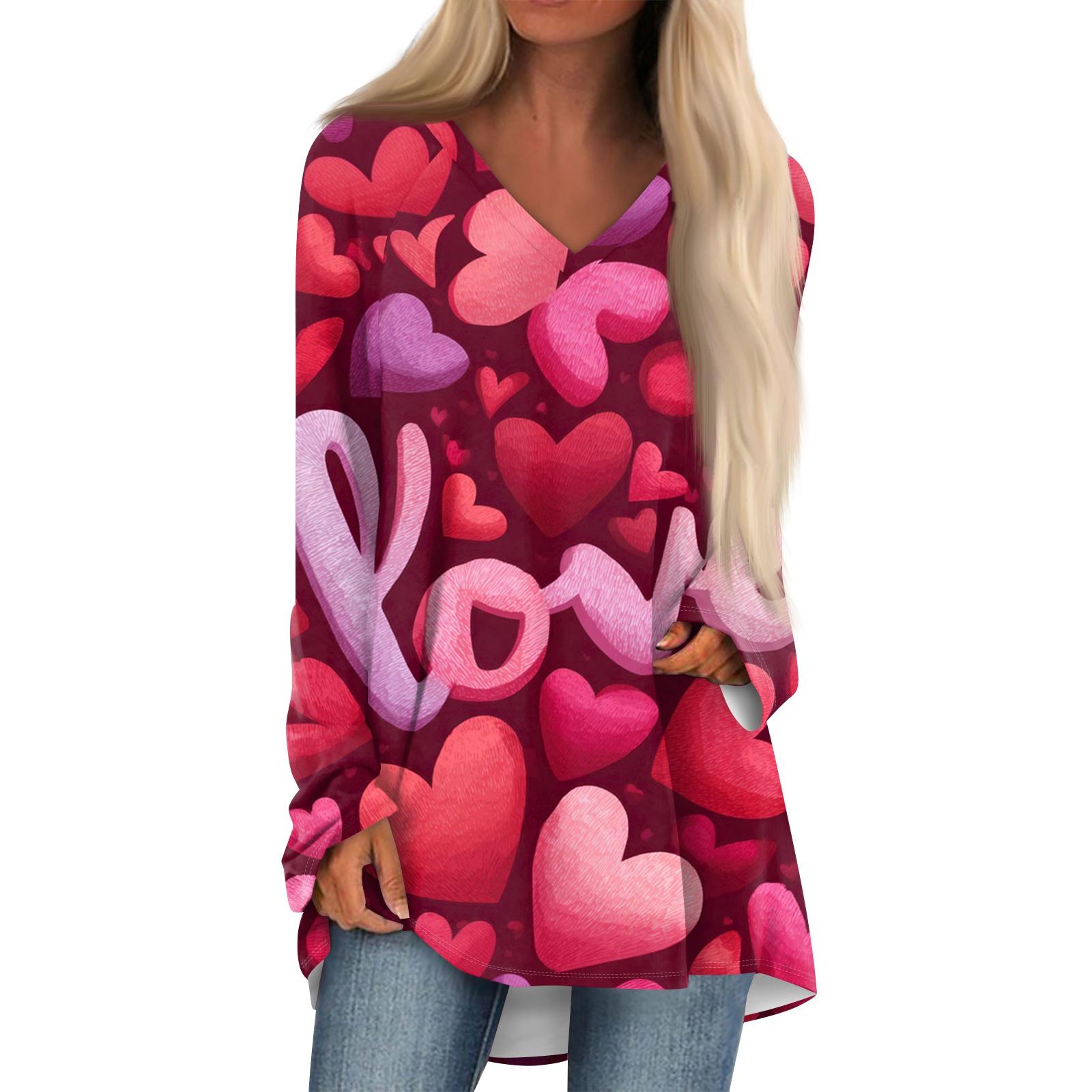 

Women s Fashionable Casual Long-Sleeved Valentine s Day Print V-Neck Mid-Length Top S винний