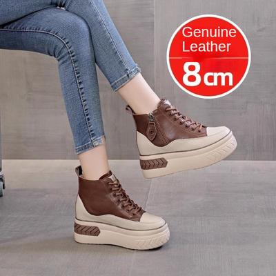 Genuine Leather Show High Shoes Female Soft Bottom Lightweight Boots Small People Pops Shoes Within The Height Net Red Leather Sneakers